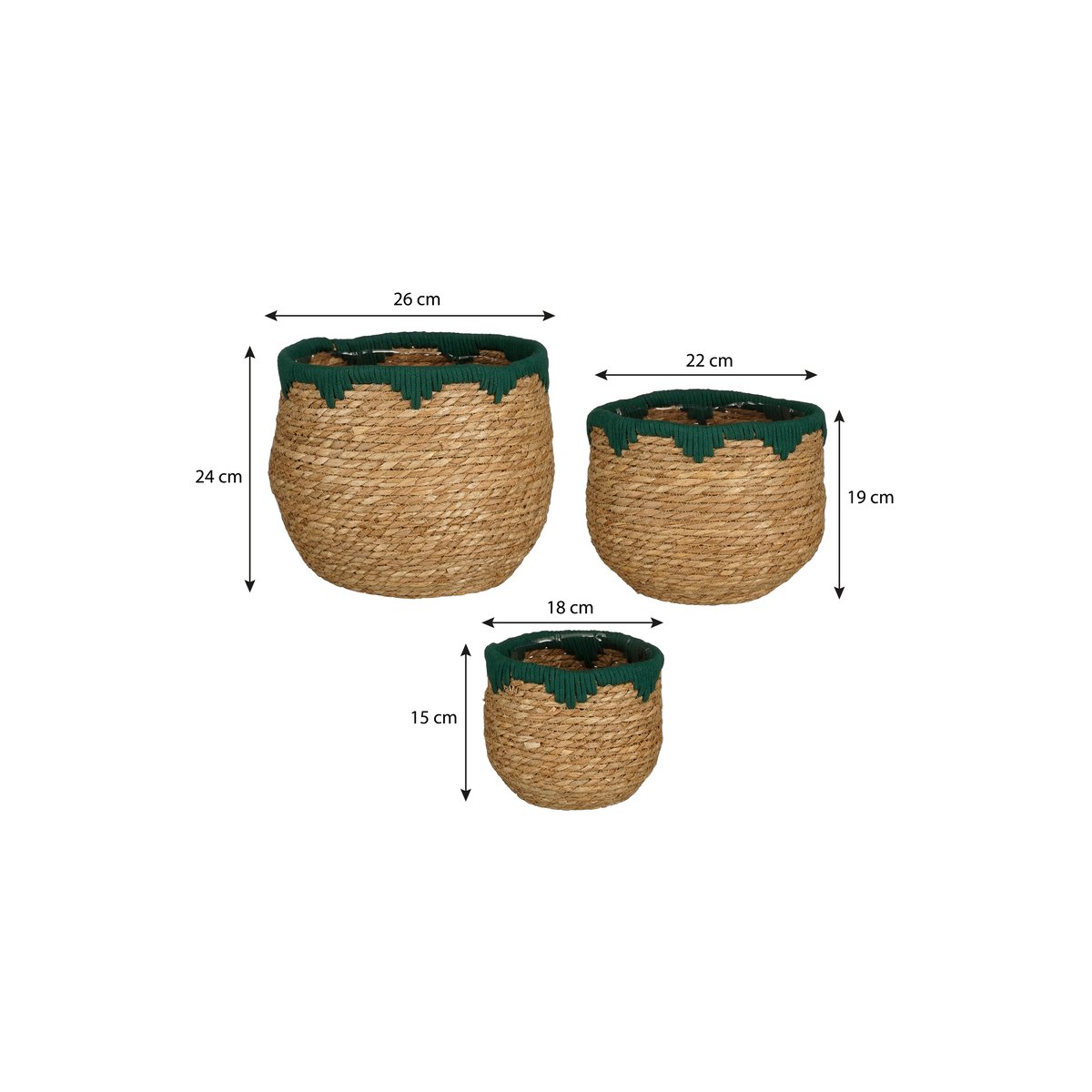 Ensemble de 3 paniers à plantes en jonc de mer tressé Ø26 cm JORCK vert, marron, MICA DECORATIONS