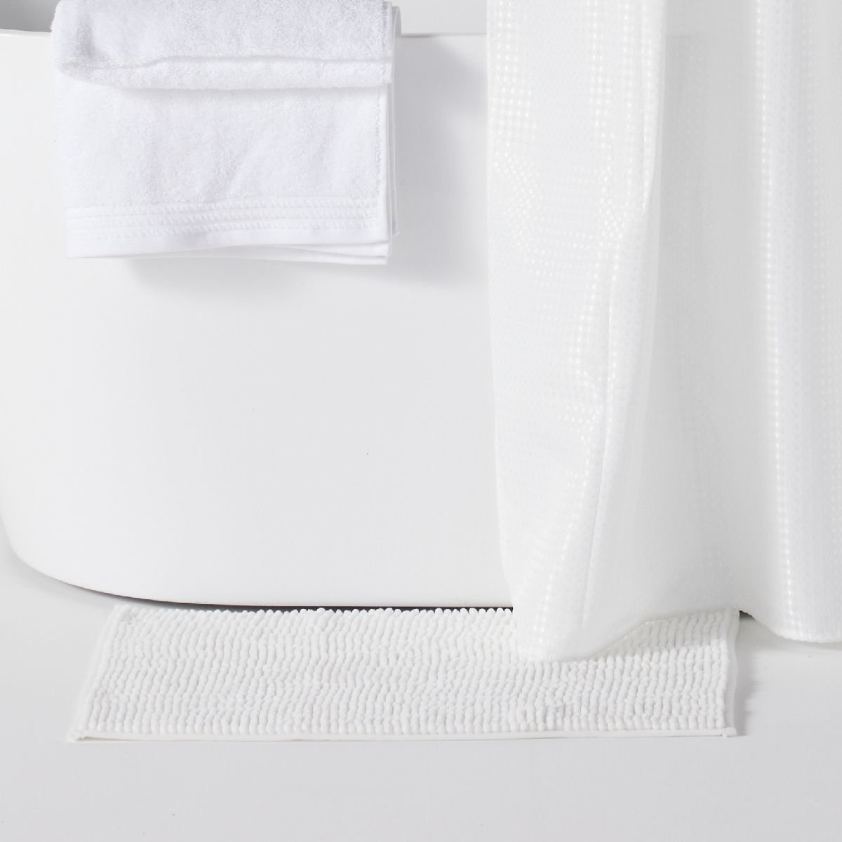 Set de douche 3 accessoires rideau tapis panier BATHROOM blanc, UTILITY