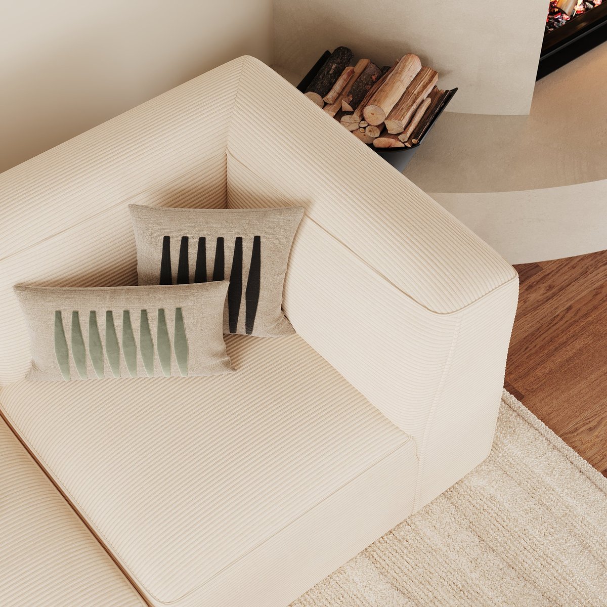 Canapé modulable en velours avec pouf - MINA blanc cassé, MAISON PAVANE