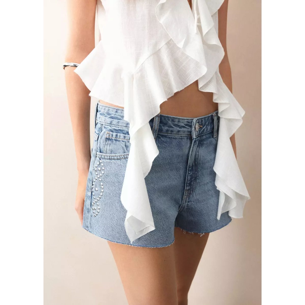 Short taille haute clouté bleu moyen, MANGO TEEN