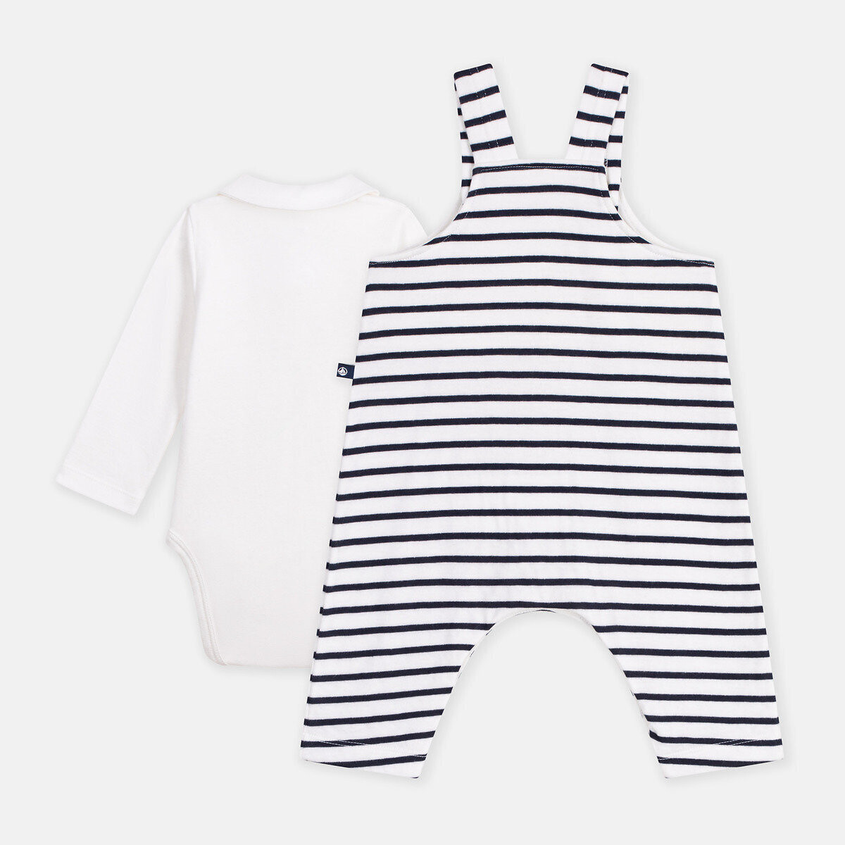 Set composto da salopette a righe e body in felpa, con motivo a cuori fantasia a righe + ecru, PETIT BATEAU