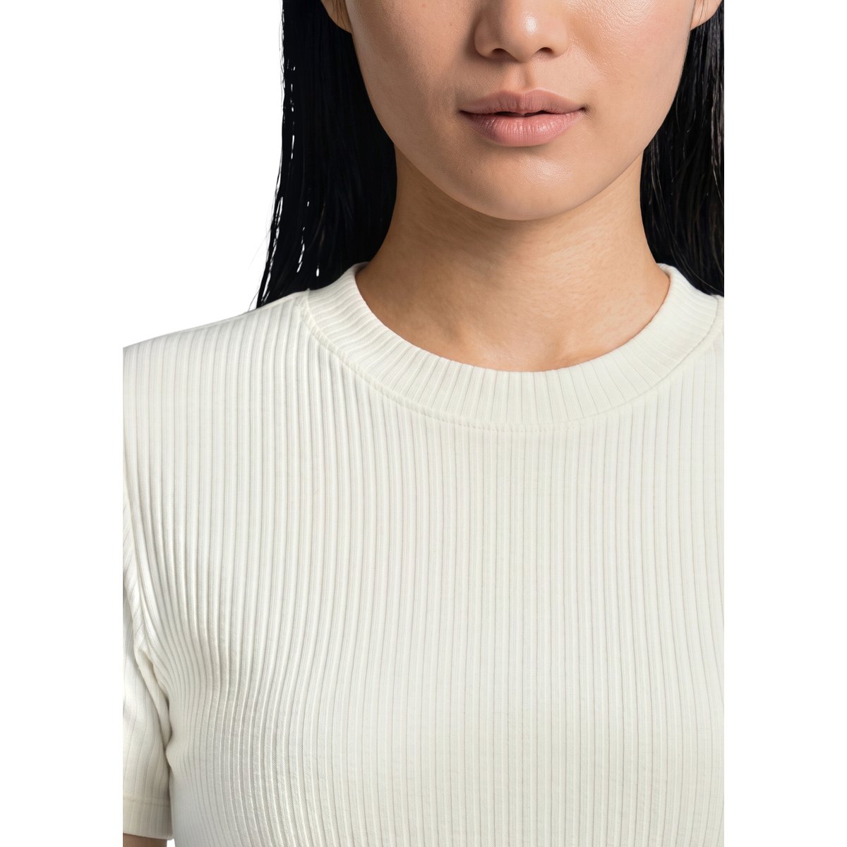 T-shirt en jersey côtelé slim en coton biologique mélangé extensible blanc, MARC O’POLO DENIM