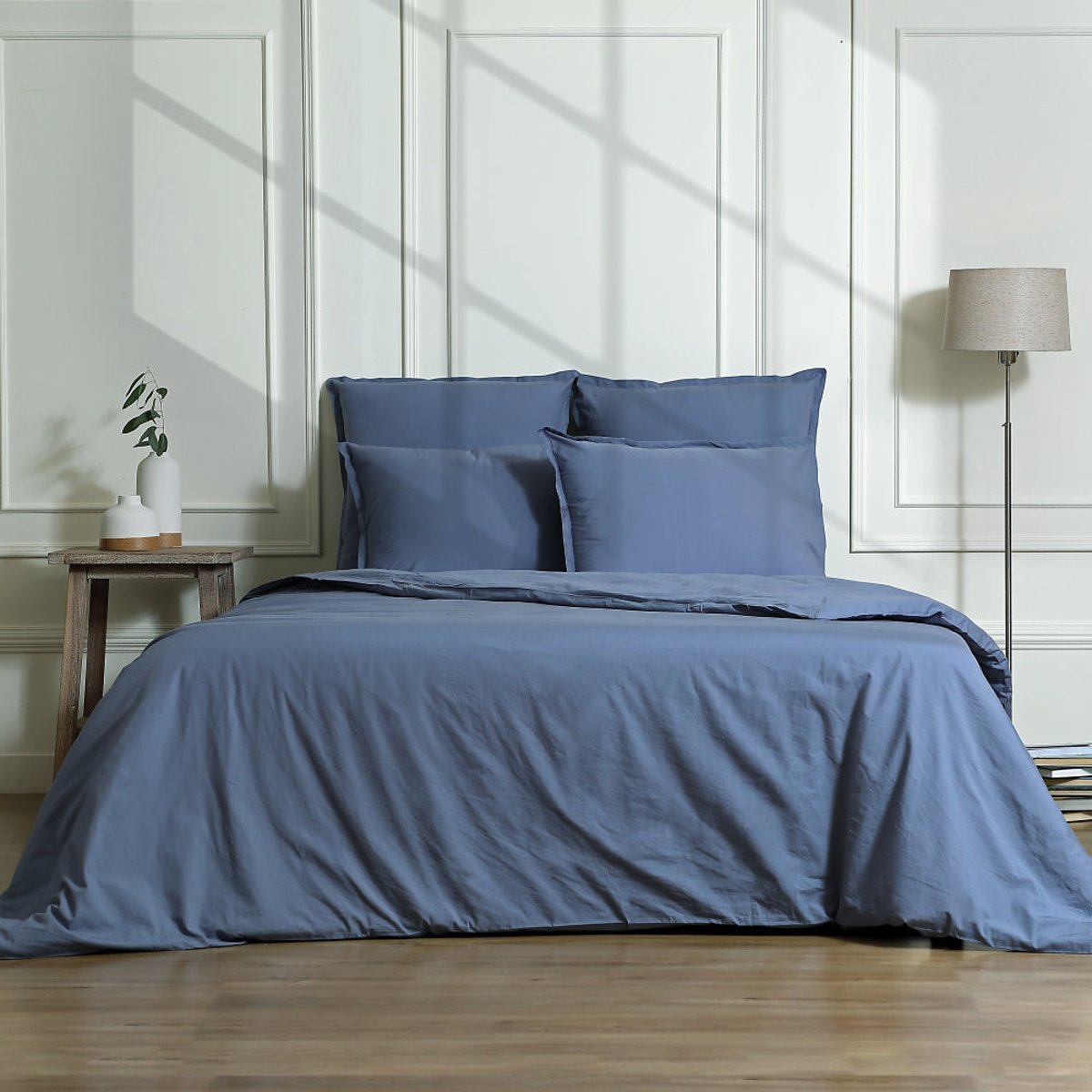 Parure + taies 50x70 percale de coton NINA bleu denim, FEBRONIE