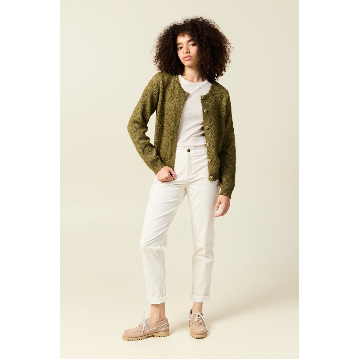 Gilet manches longues col rond vert kaki, BONOBO