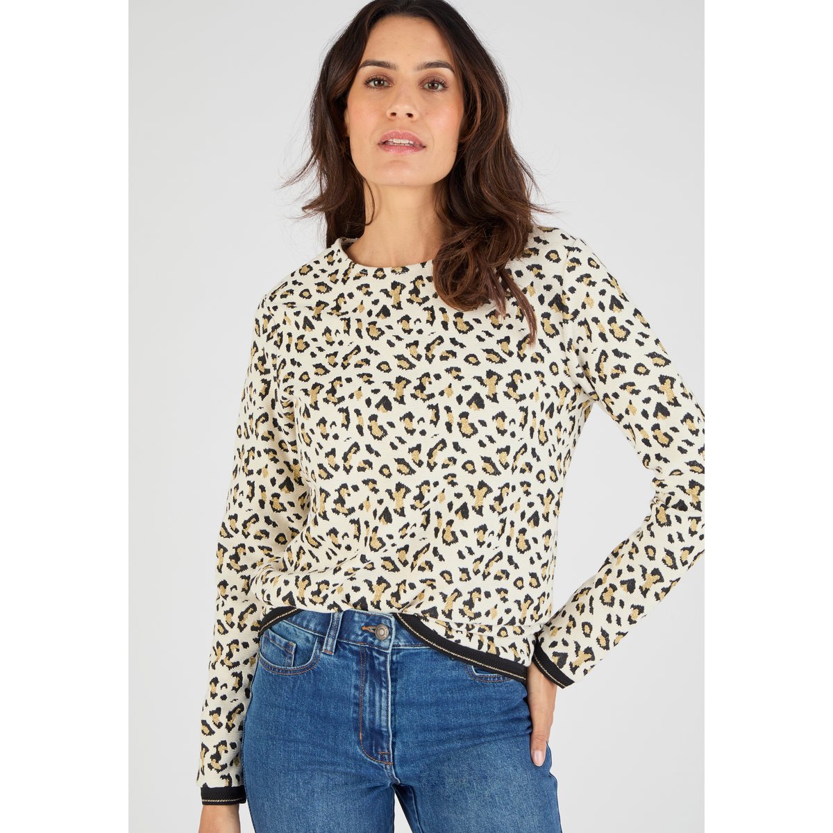 Sweat-shirt maille jacquard imprimé animalier blanc animalier, DAMART