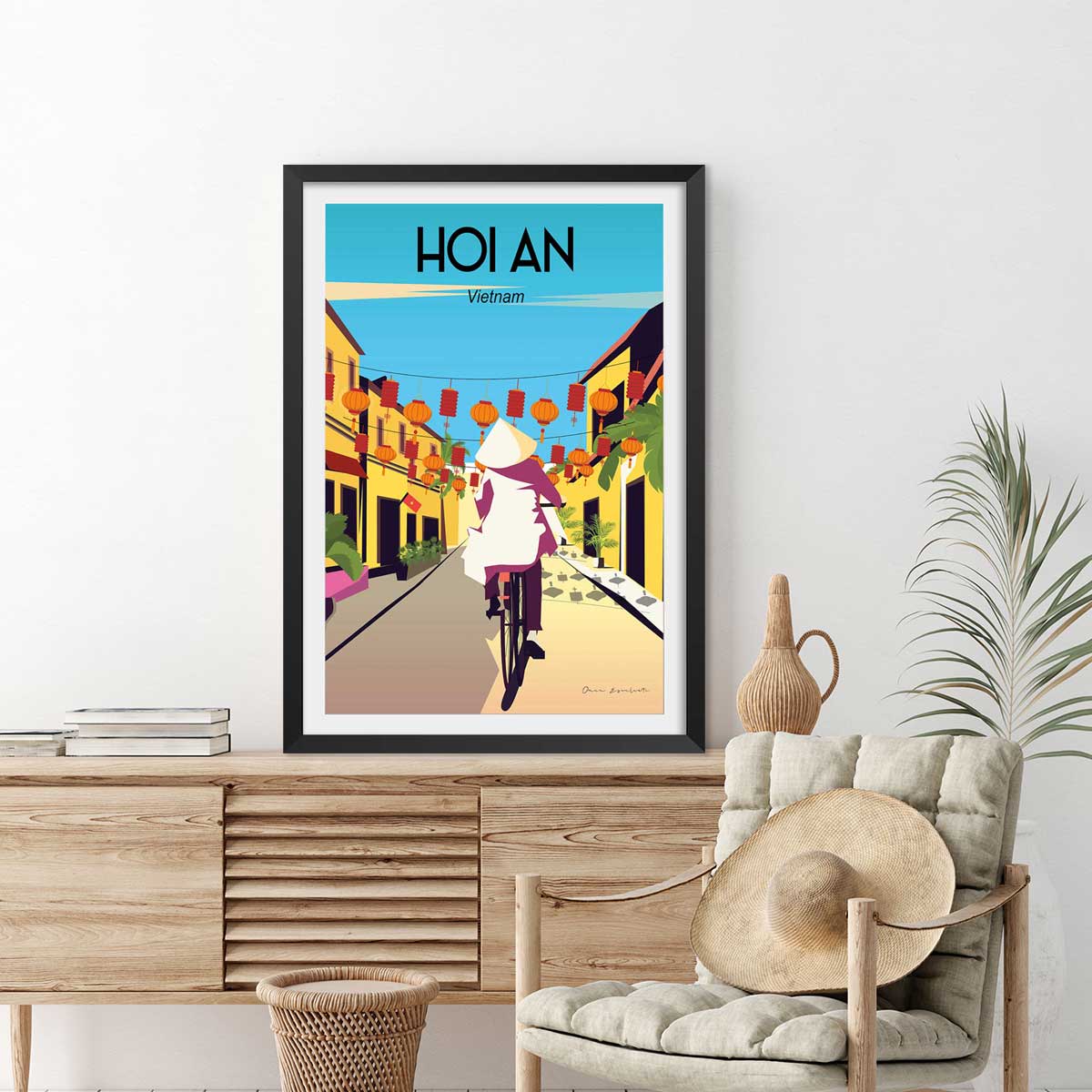 Affiche ville voyage Hoi An Vietnam affiche + cadre en bois - noir, HEXOA