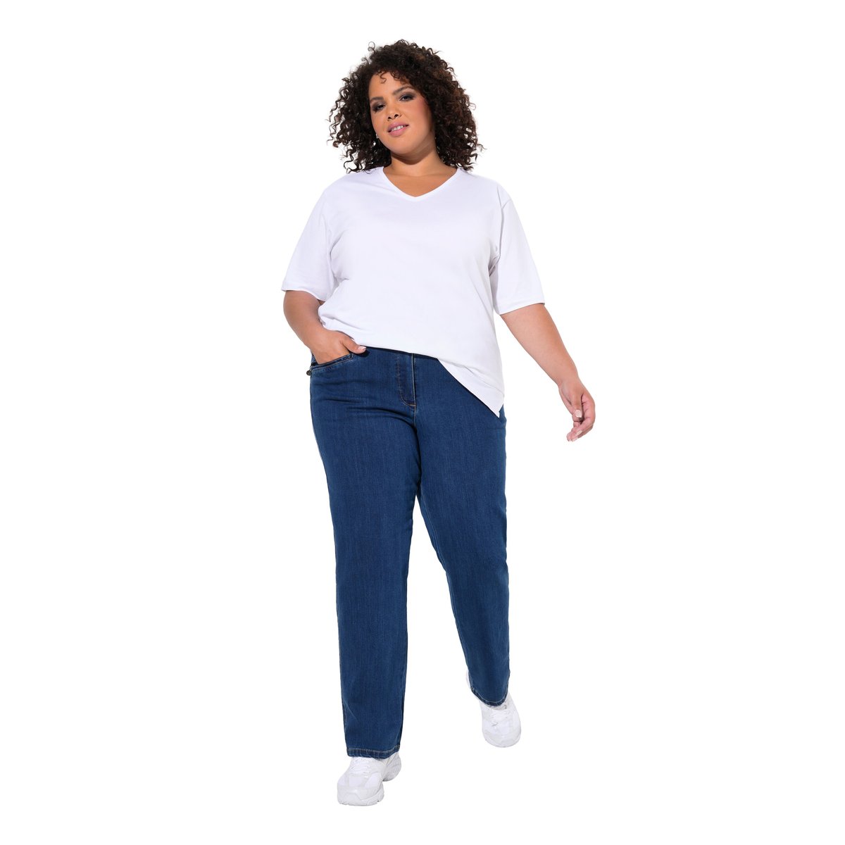 Jean Mony, jambe carotte et poches zippées bleu jean, ULLA POPKEN