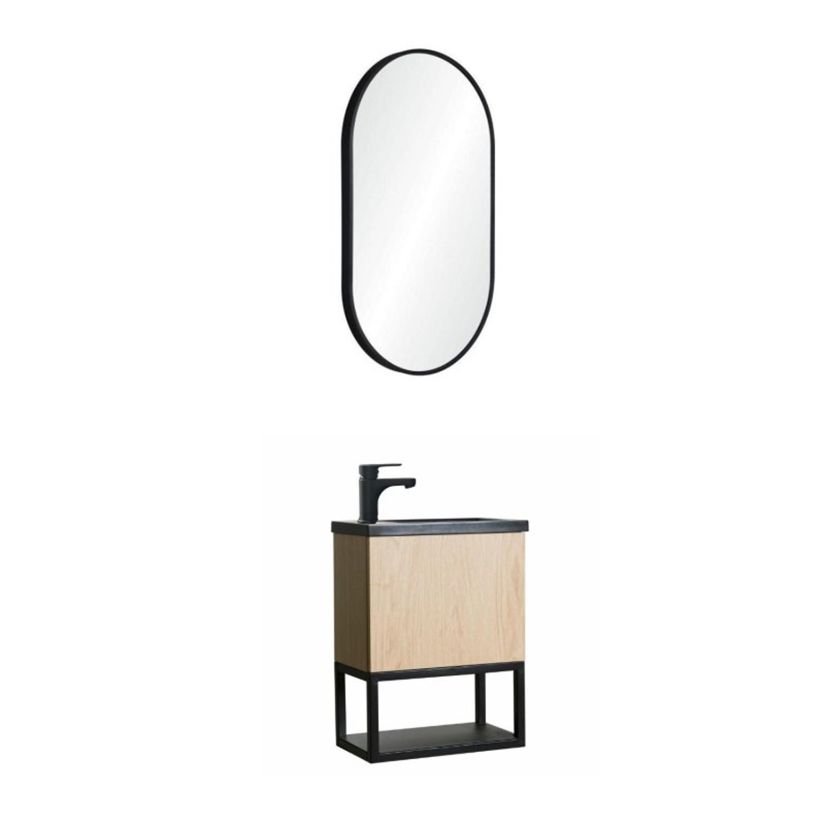 Ensemble lave-mains métal et bois avec miroir ovale NOVA chêne et noir, MOB IN