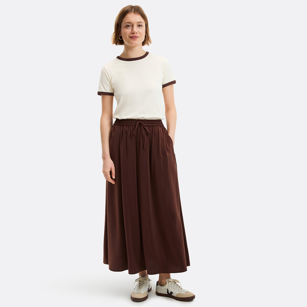 Short Sleeve Crew Neck T-Shirt with Contrasting Trim ecru , LA REDOUTE COLLECTIONS