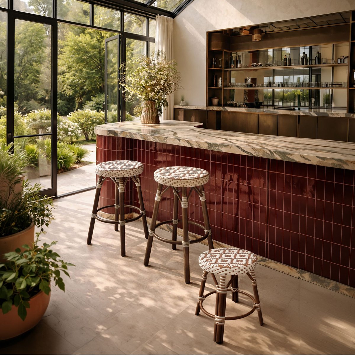 Tabouret bas effet rotin naturel, SCALA noisette, NOW'S HOME