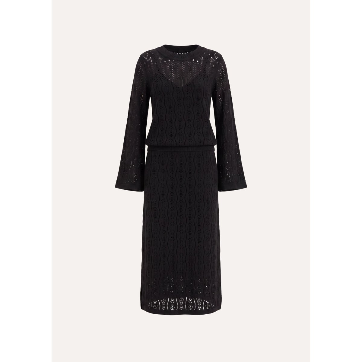 Robe ajustée en maille ajourée manches longues noir, LA FEE MARABOUTEE