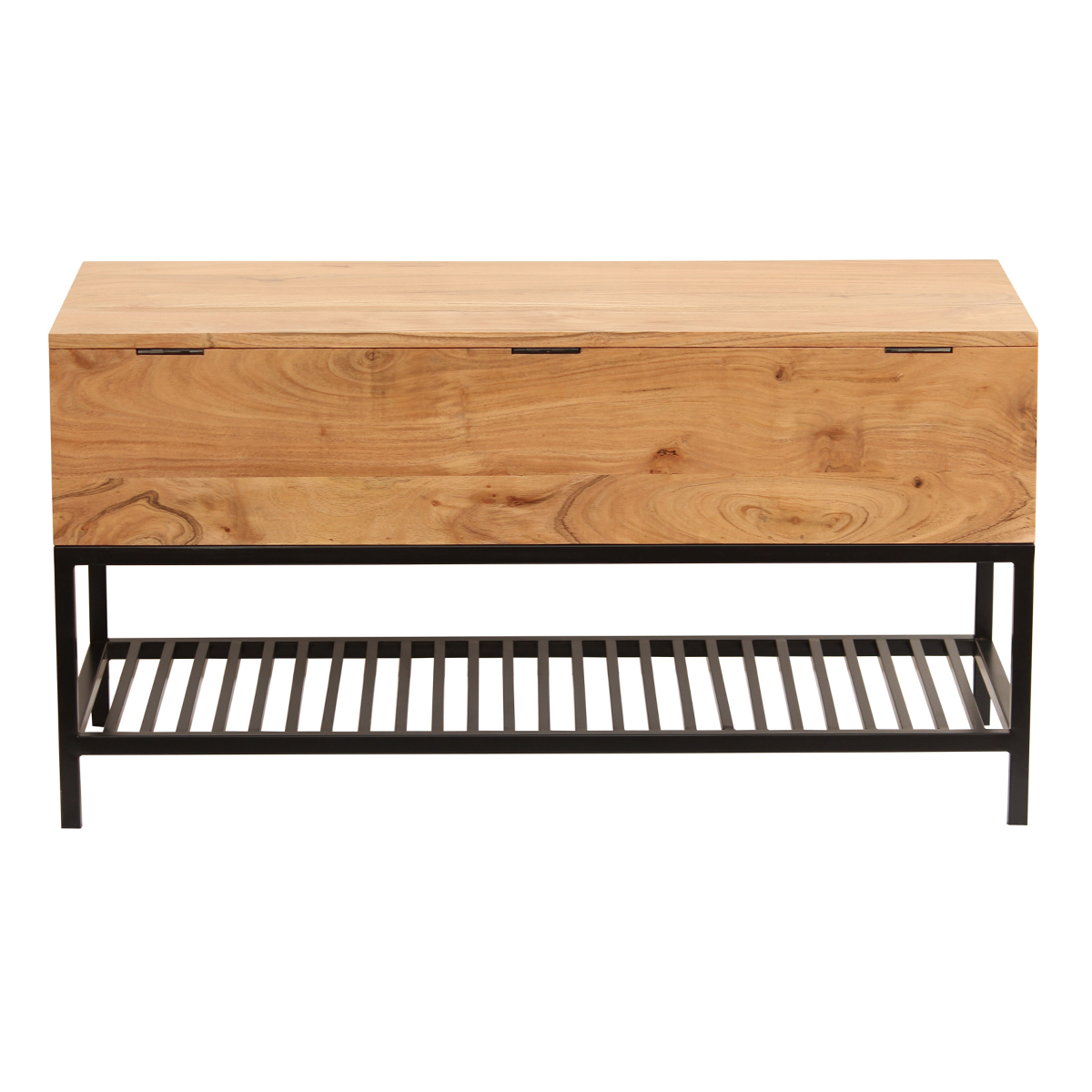Banc d'entrée industriel avec coffre de rangement en bois massif et métal noir L100 cm SORG marron, MILIBOO