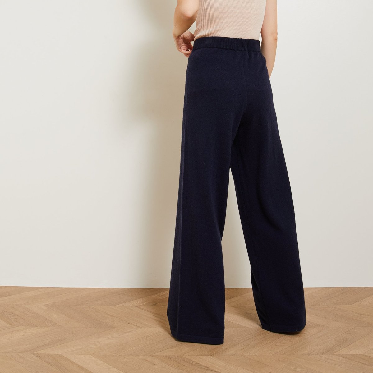 Pantalon large uni en cachemire marine, MONOPRIX