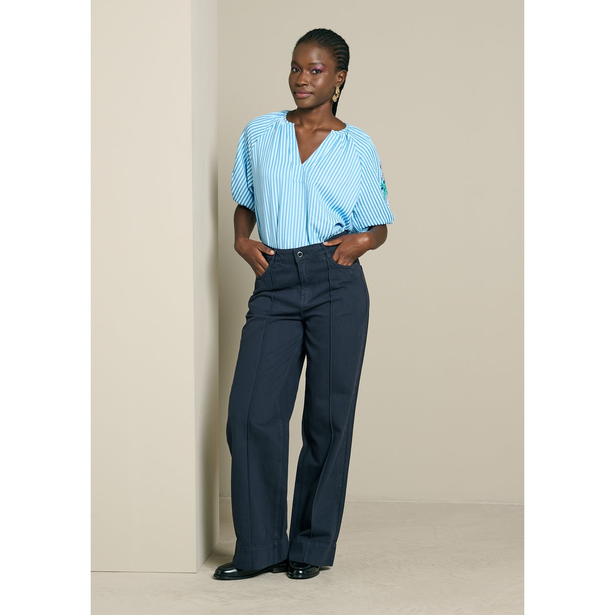Pantalon large surpiqûres bleu marine, LOLALIZA