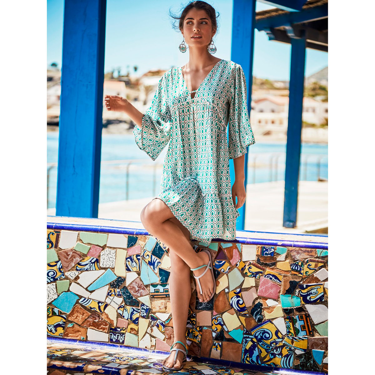 Robe tunique de plage manches mi-longues KALEIDO vert, SELMARK MARE