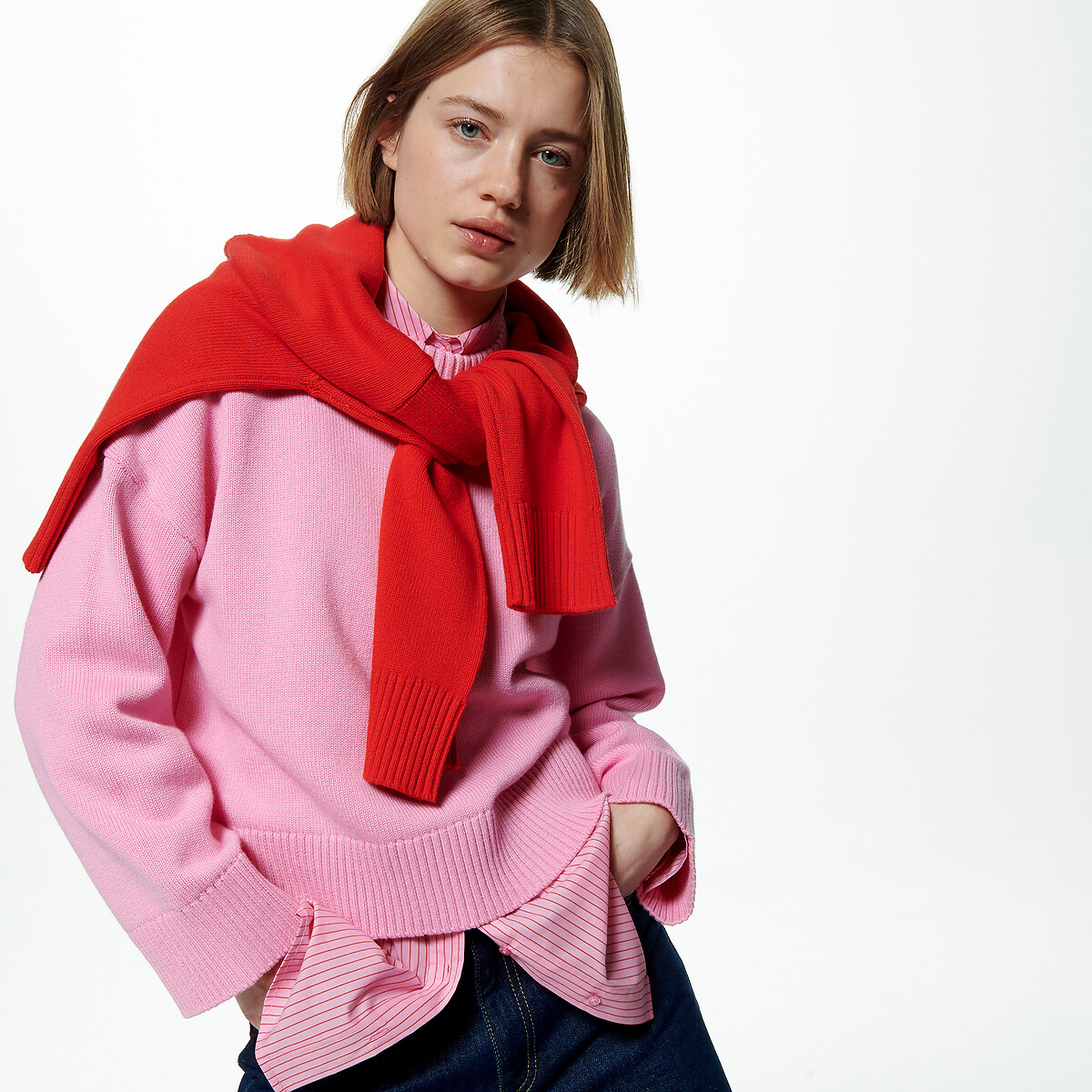 Pull col rond, en laine et coton mélangés rose, LA REDOUTE COLLECTIONS