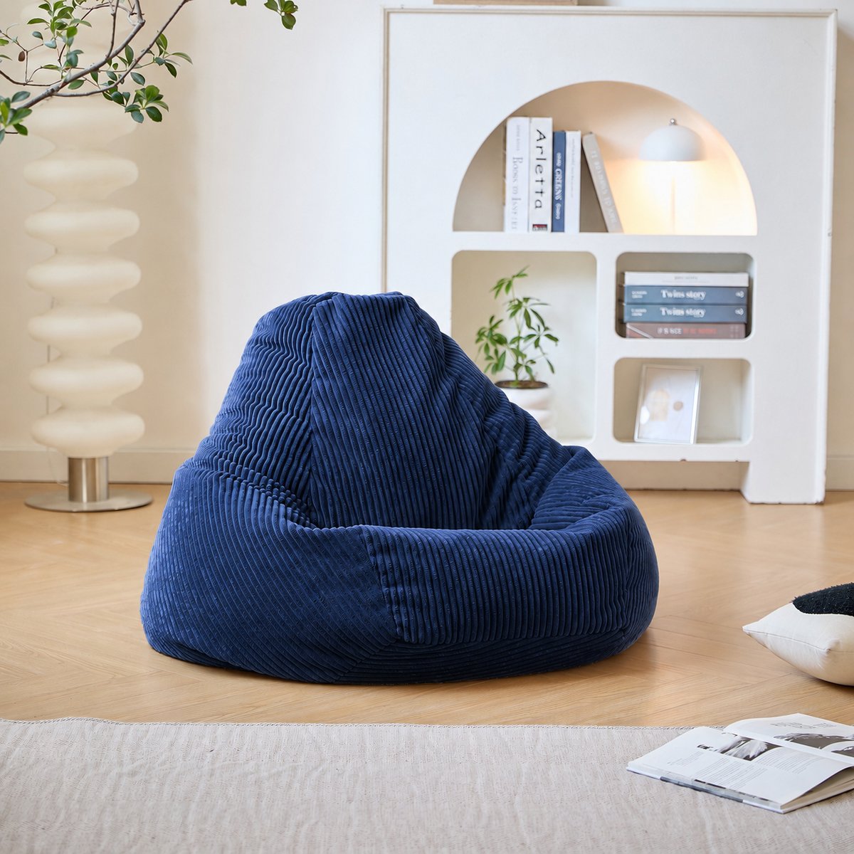 Pouf de salon, velours côtelé, GRANA bleu, NORDLYS