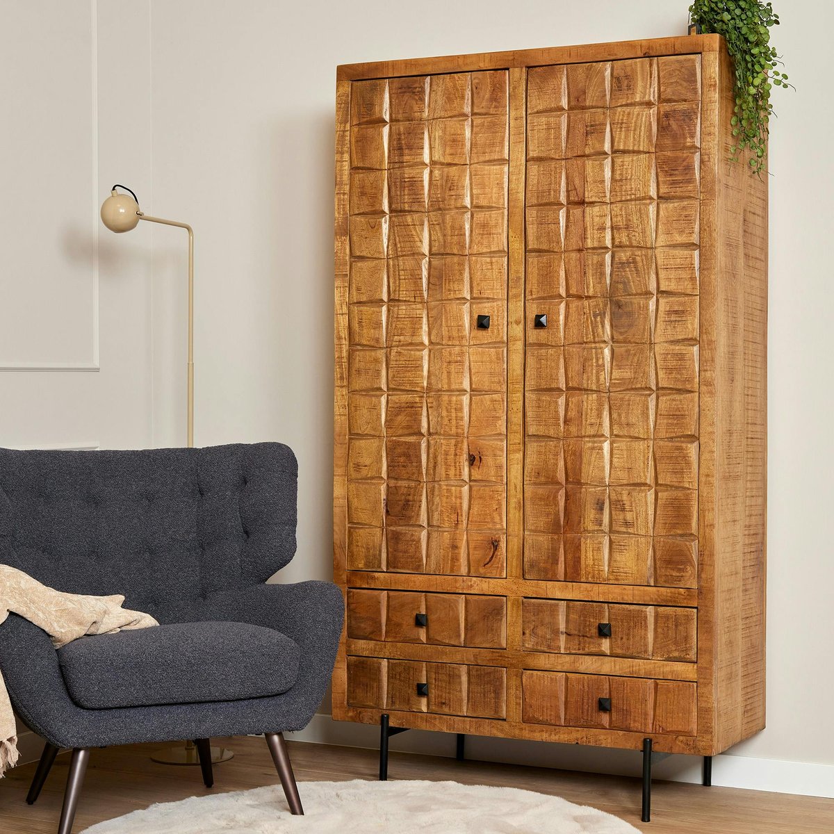 Buffet vaisselier en bois 2 portes décor damier UDA bois naturel, PIER IMPORT
