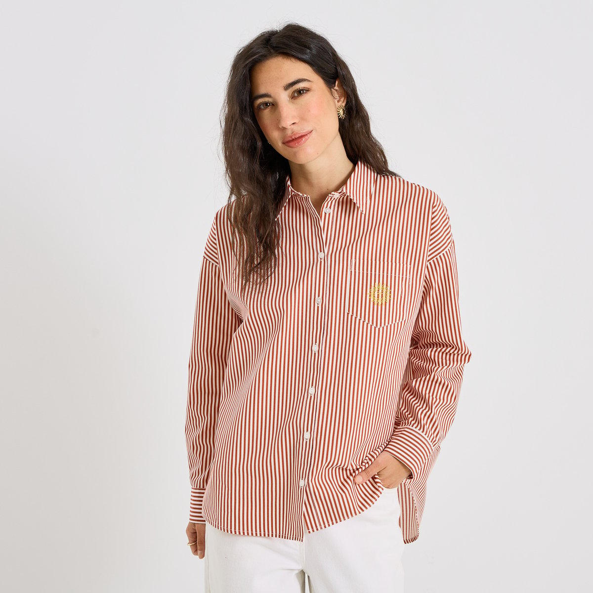 Chemise rayée avec broderie orange terracota, GRAIN DE MALICE