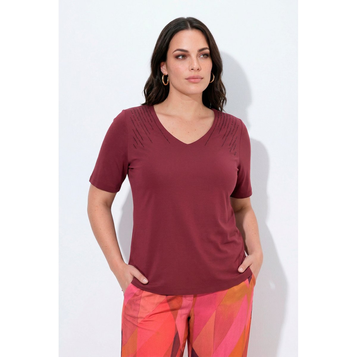 T-shirt avec strass fantaisie rouge vin, ULLA POPKEN