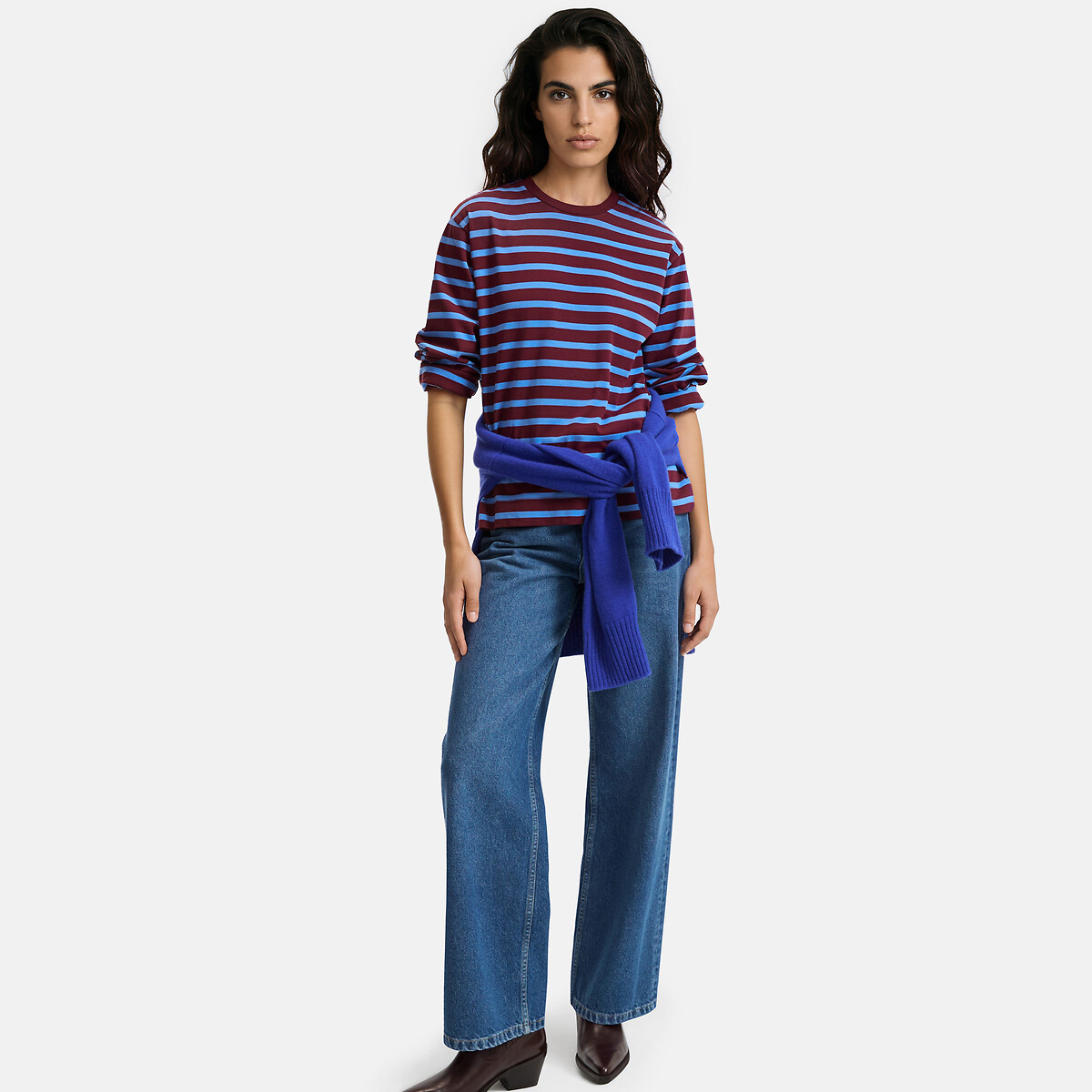 Striped Cotton Loose Fit Long Sleeve T-Shirt burgundy/blue striped , LA REDOUTE COLLECTIONS