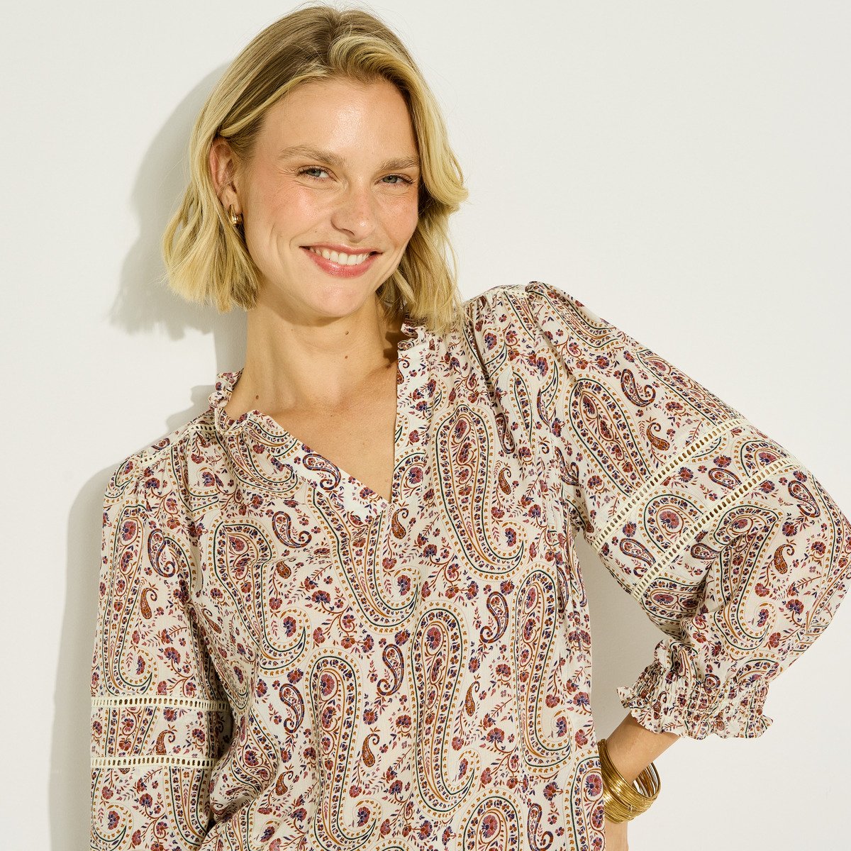 Blouse imprimé bohème col V blanc cassé ecru, GRAIN DE MALICE
