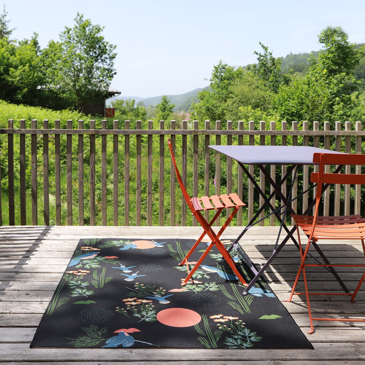 Tapis outdoor imprimé oiseaux BLOOM noir, NATTIOT