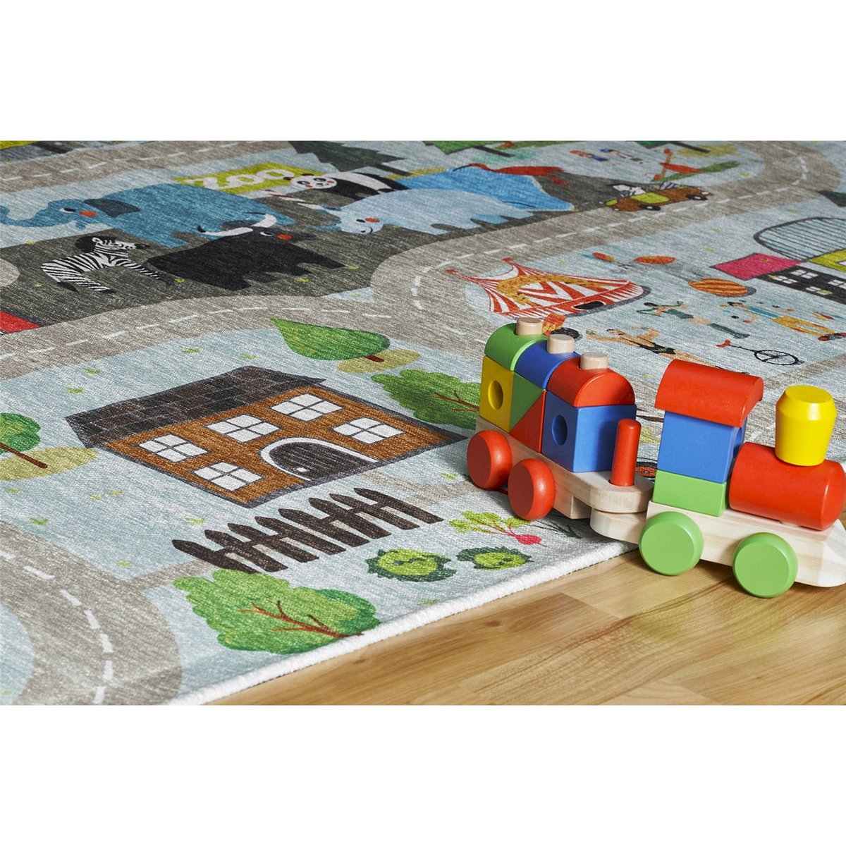 Tapis enfant jacquard motif ville ludique multicolore pastel thème ville zoo, ARTE ESPINA