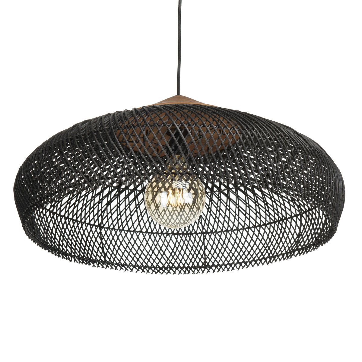 Suspension ronde 65cm en rotin et teck FOLELLI noir, PIER IMPORT