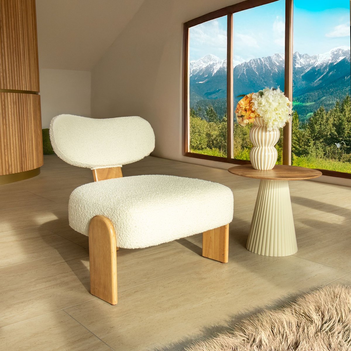 Fauteuil effet bouclette et structure en bois, HELLA blanc-naturel, NOW'S HOME