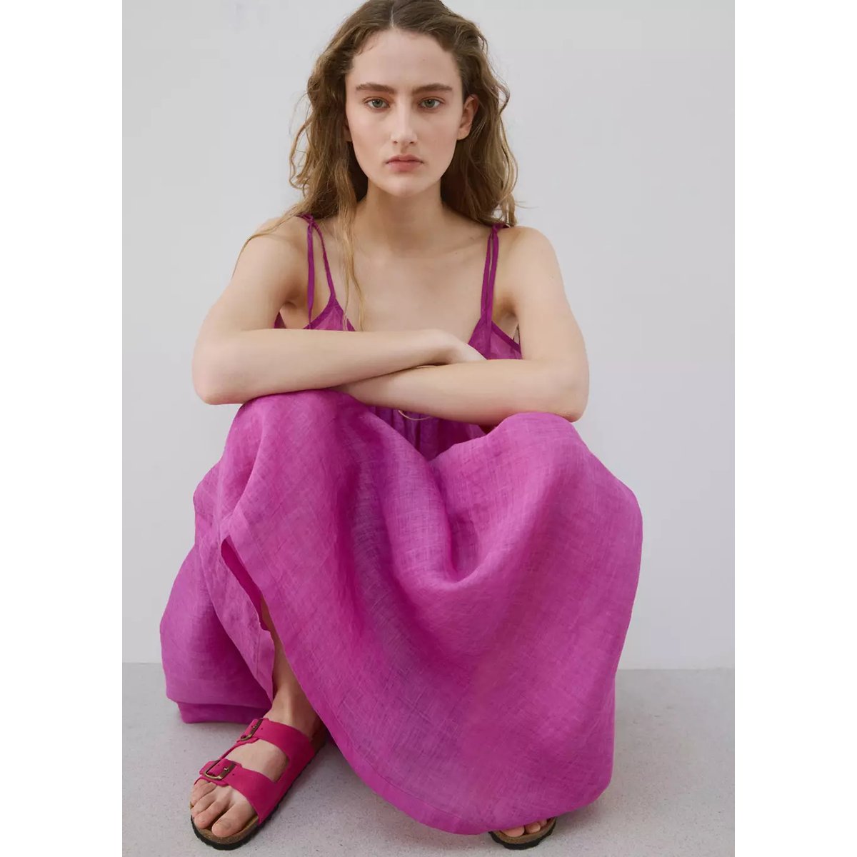 Pantalon 100 % ramie effet overdyed fuchsia, MANGO