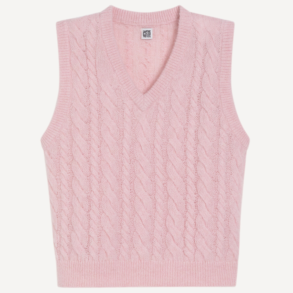 Pull sans manches col V torsadé en alpaga mélangé rose clair, LA REDOUTE COLLECTIONS