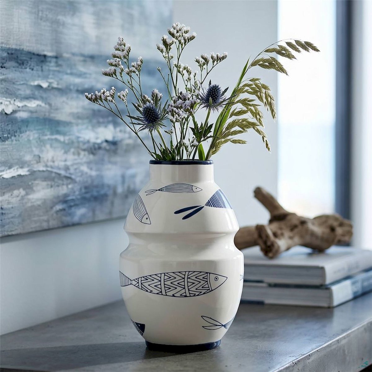 Vase en céramique motif poisson MODERN blanc et bleu, RECOLLECTION