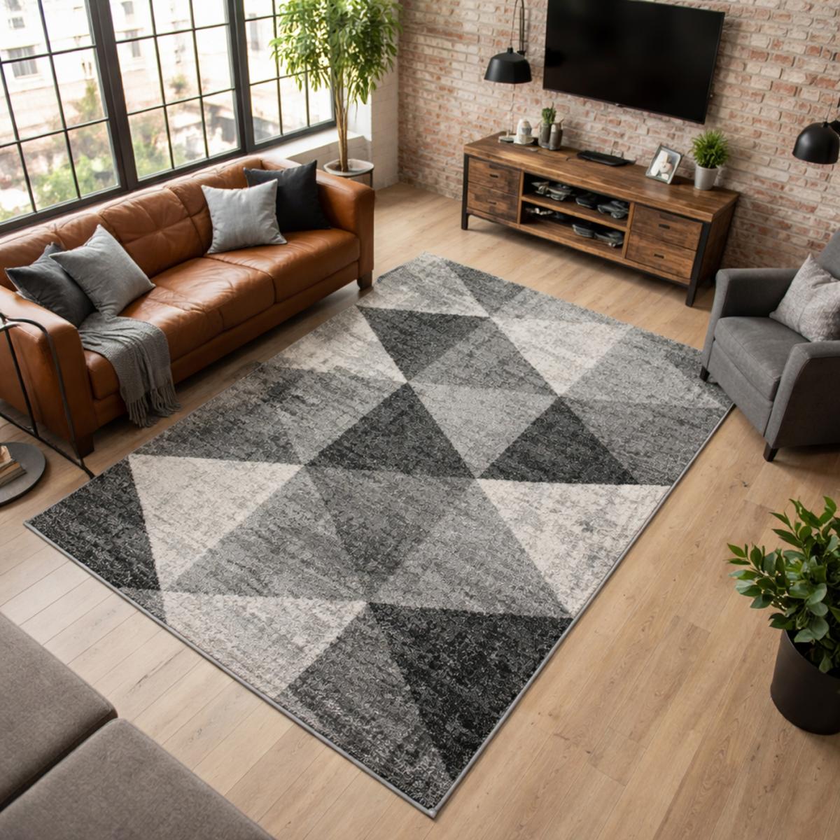 Tapis salon et chambre tissé motif géométrique SOLTAM gris, écru, UN AMOUR DE TAPIS