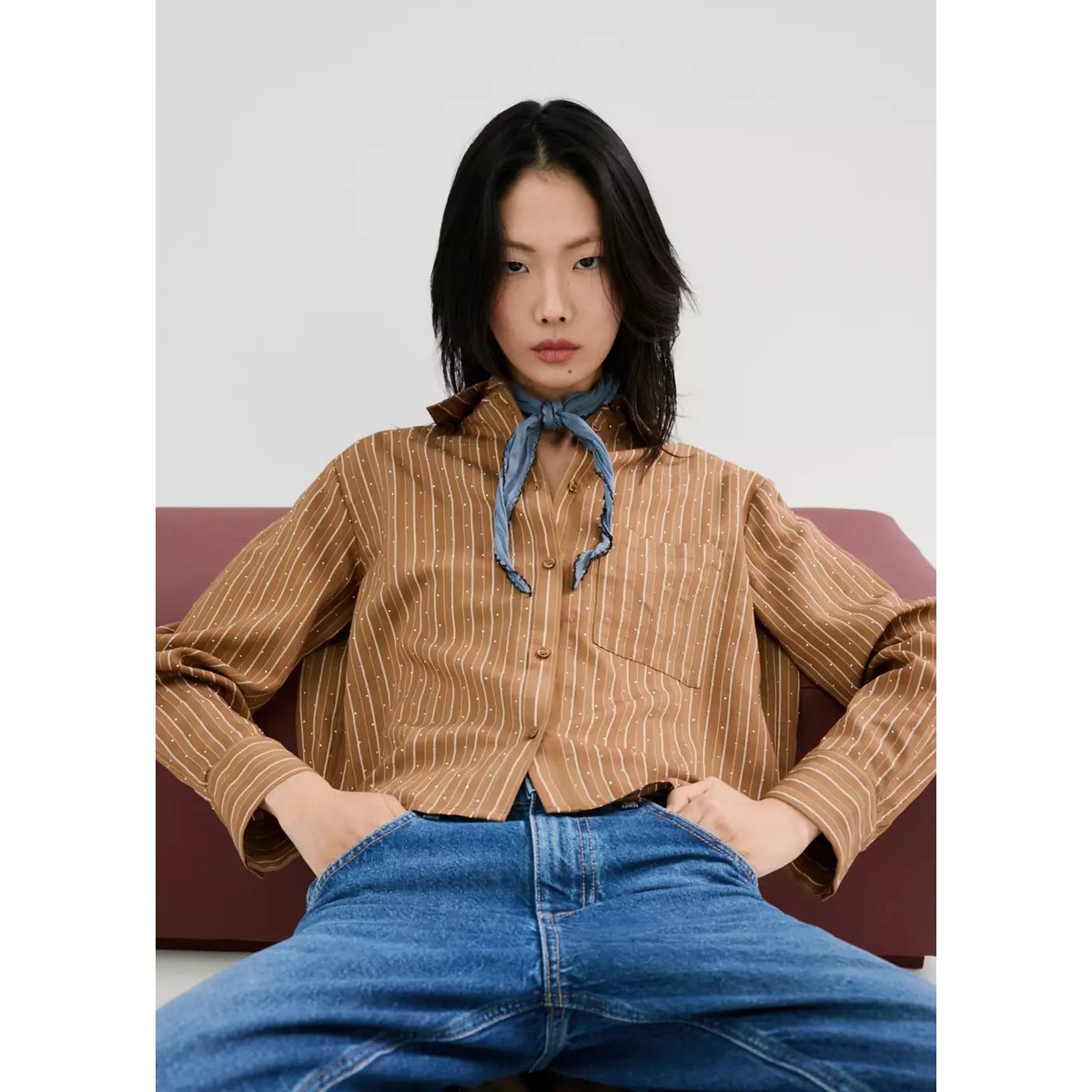 Chemise rayée avec détail strass marron, MANGO