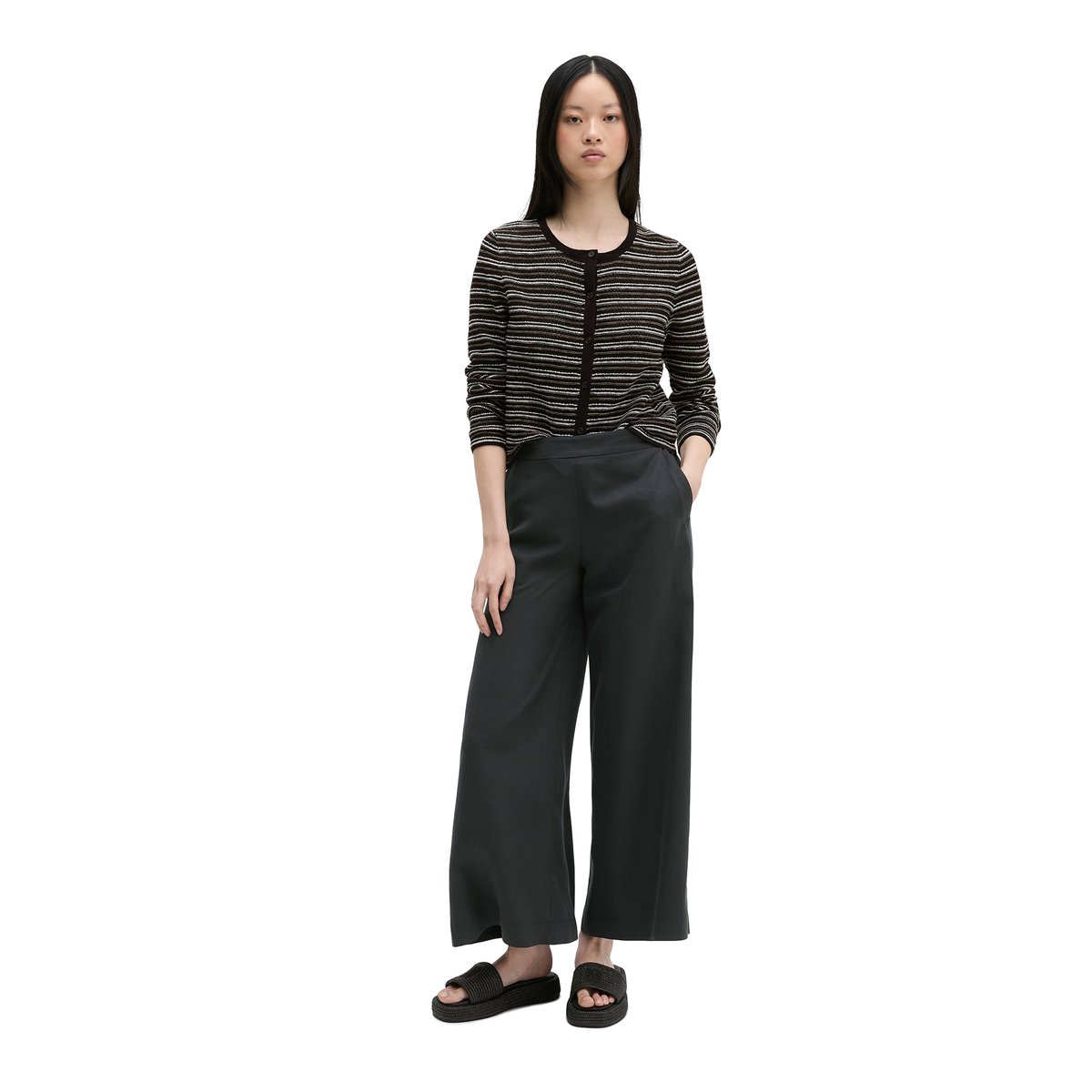 Cardigan ajouré rayé regular en coton et lin mélangés noir, MARC O'POLO