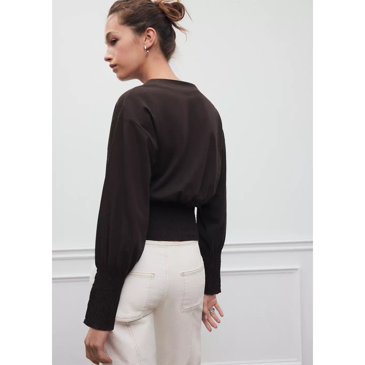 T-shirt coton détails froncés marron, MANGO TEEN