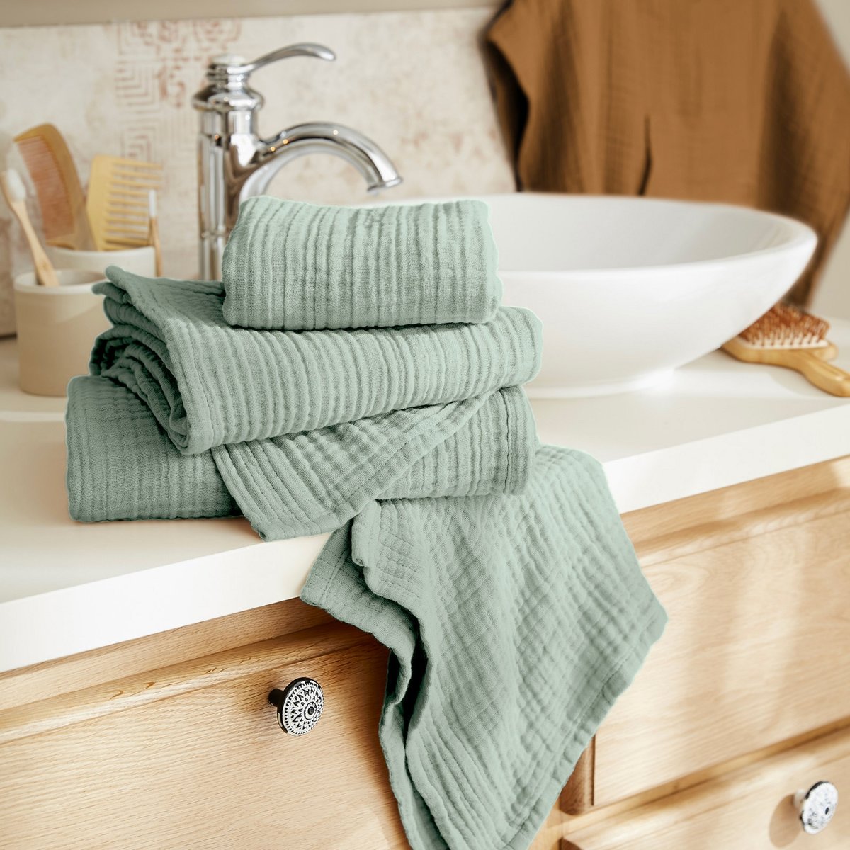 Serviette ou drap de douche en gaze de coton Gaia camel, EDEN