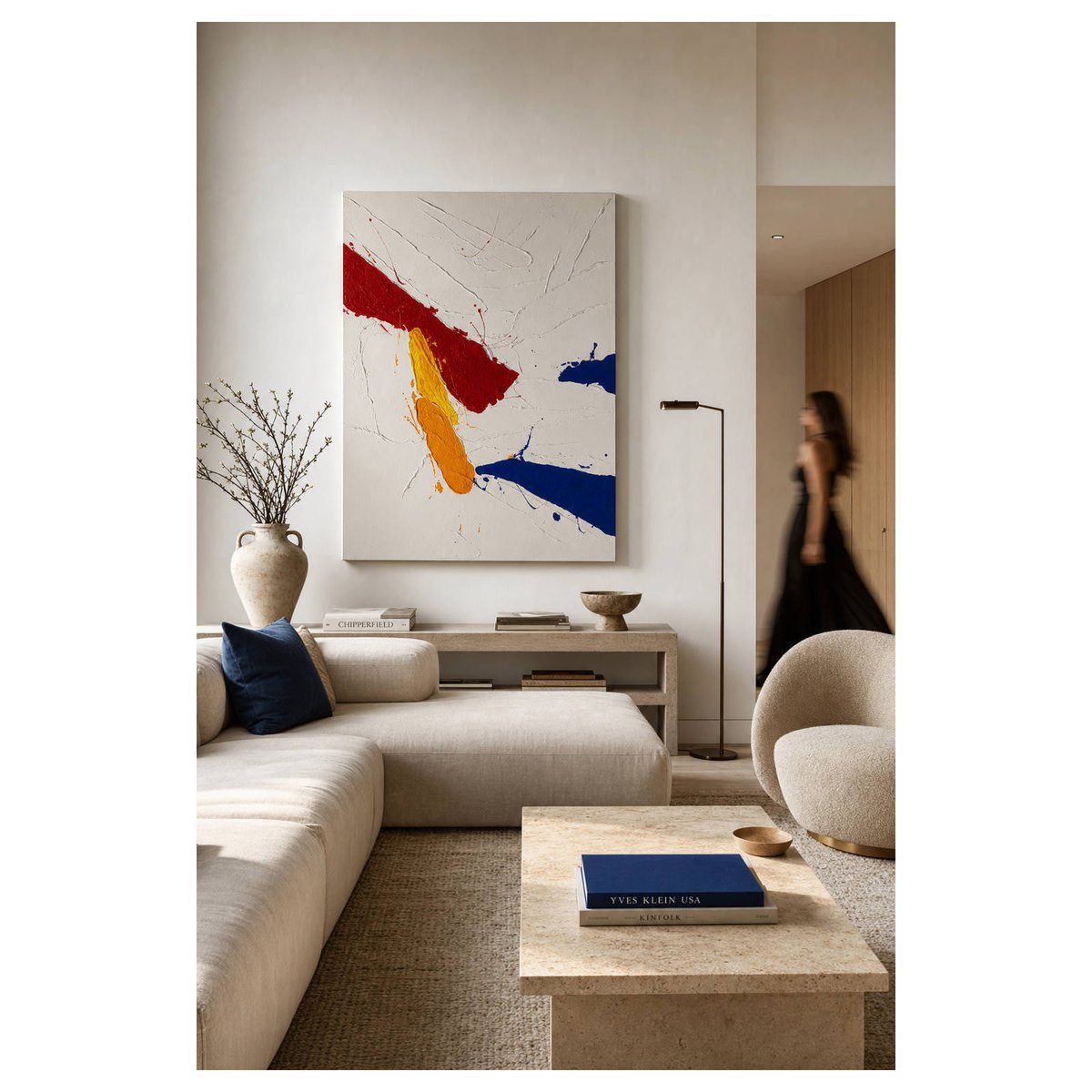 Toile abstraite en relief blanc, bleu, orange et jaune, RECOLLECTION