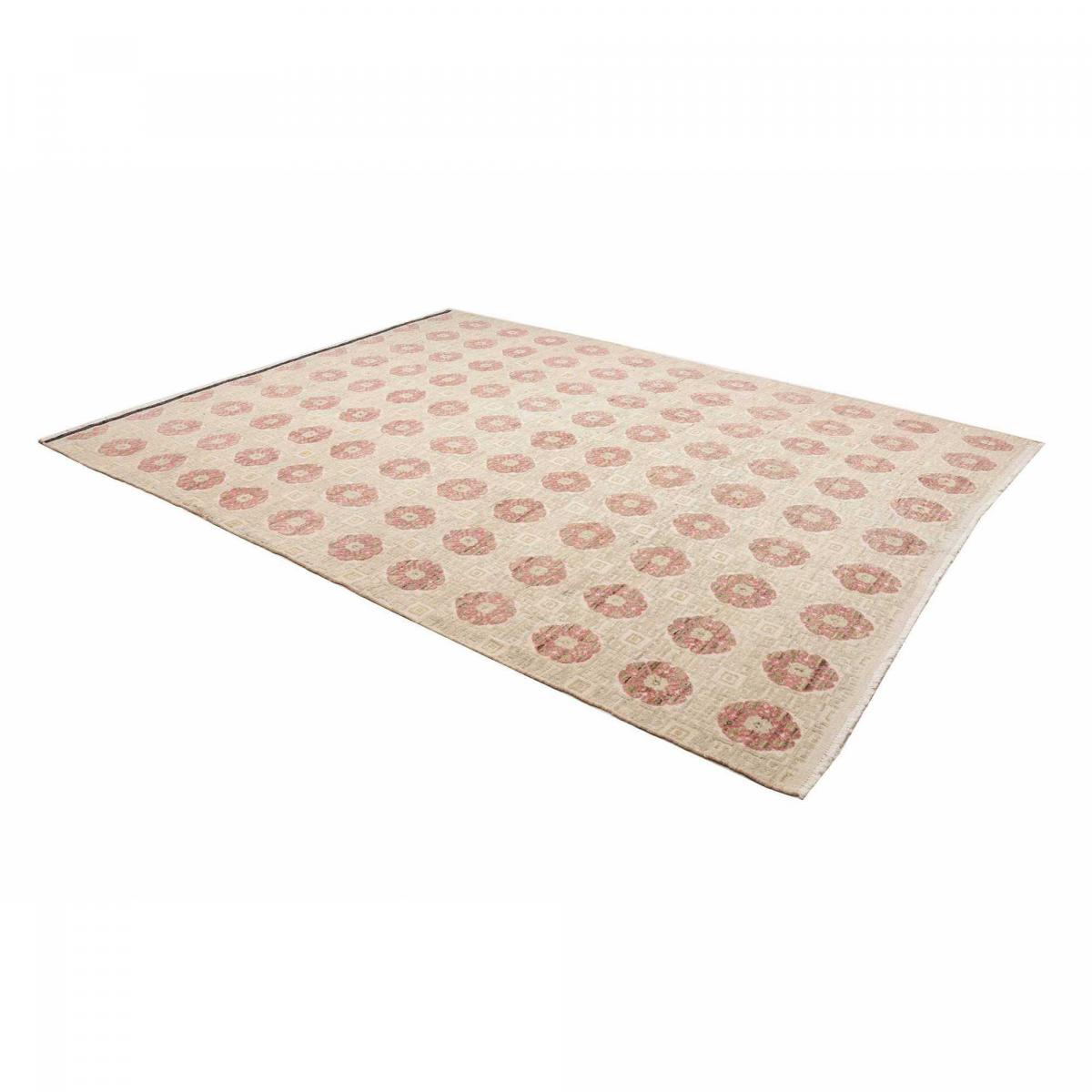 Tapis salon, motif nature floral, artisanal noué main en laine beige, crème, rose, UN AMOUR DE TAPIS