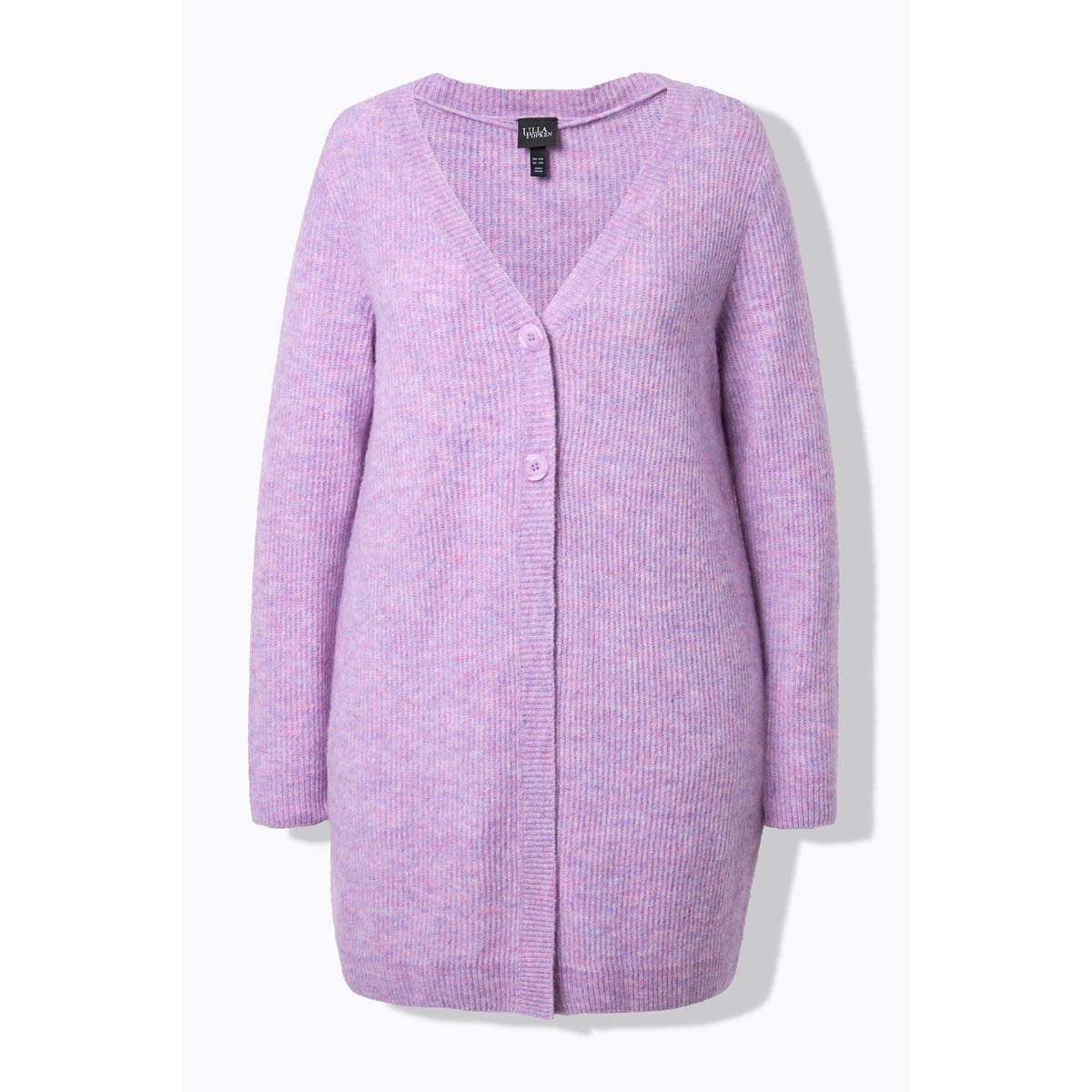 Cardigan long en maille côtelée, col en V prune clair, ULLA POPKEN