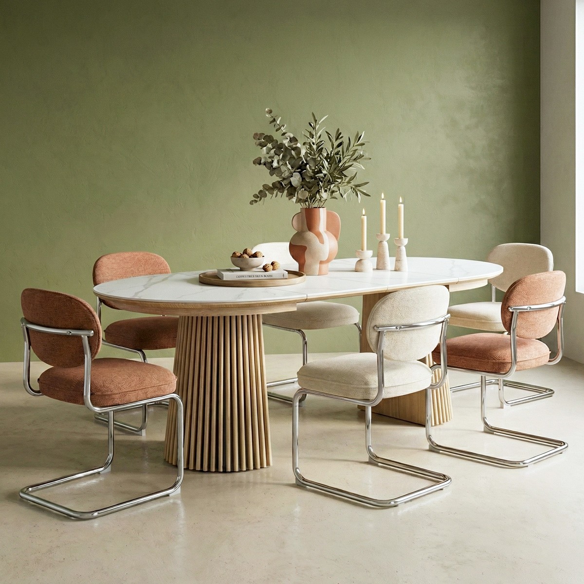 Table à manger ronde extensible en céramique bicolore 6/8 places - ADA marbre et bois clair, HOMIFAB