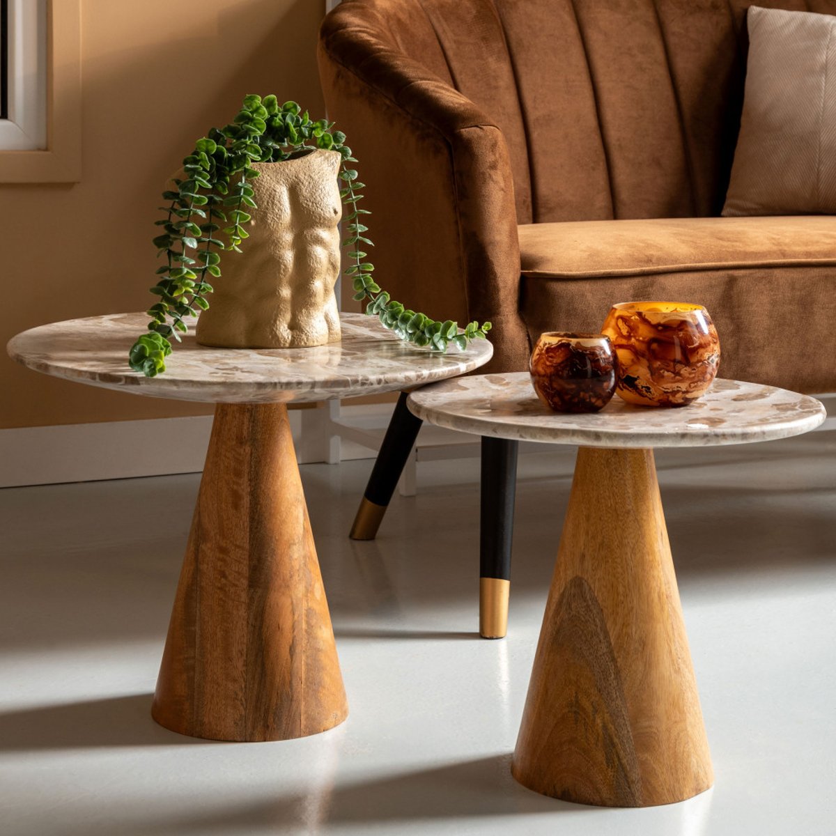 Table d’appoint en bois et marbre  40cm- FORCE brun, LEITMOTIV