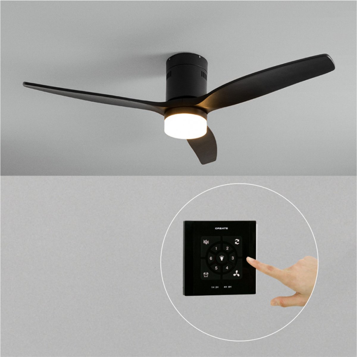 Ventilateur de plafond 40W avec lumière et contrôleur mural WIND CALM NATURAL WOOD noir/noir, CREATE