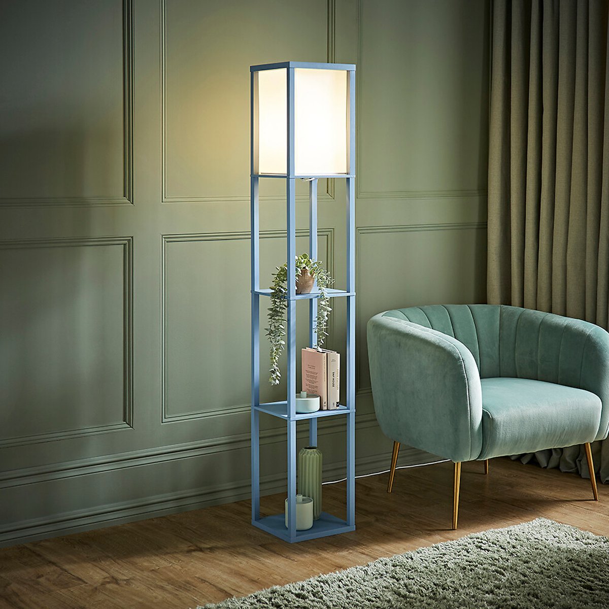 Scottie Painted Wooden Shelves Floor Lamp blue, SO'HOME