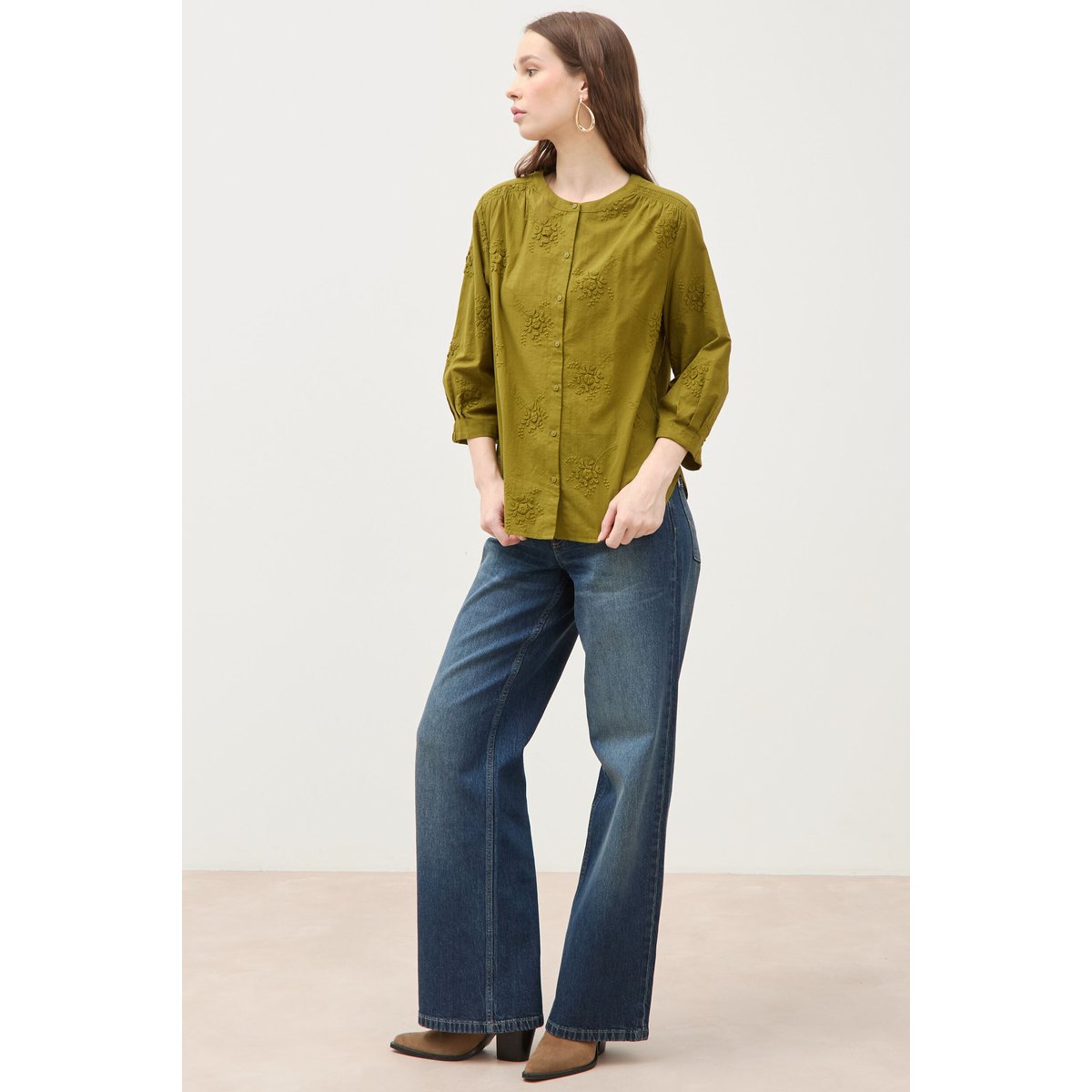 Chemise en coton manches 3/4 vert kaki, BONOBO