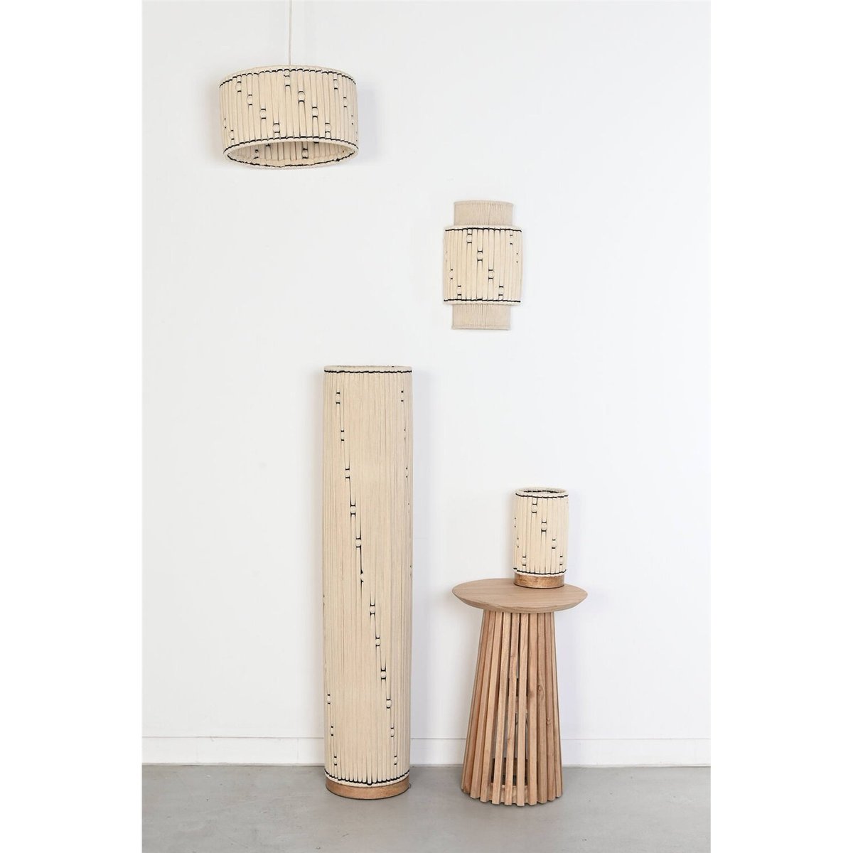 Lampadaire en raphia et coton, URBAN VILA3 naturel raphia beige et bois foncé, RECOLLECTION