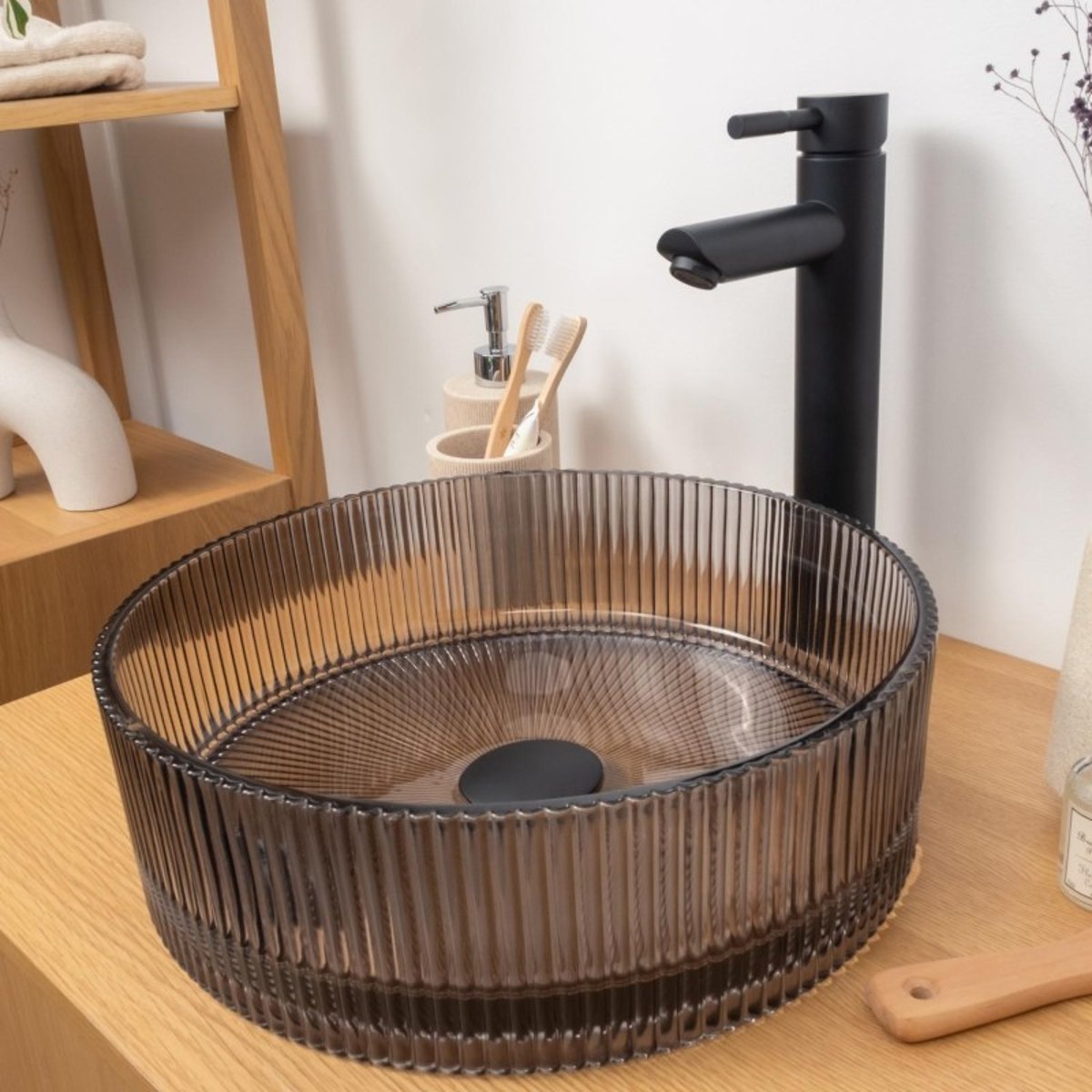 Vasque à poser ronde en verre texturé noir 36cm TALLY noir, MOB IN