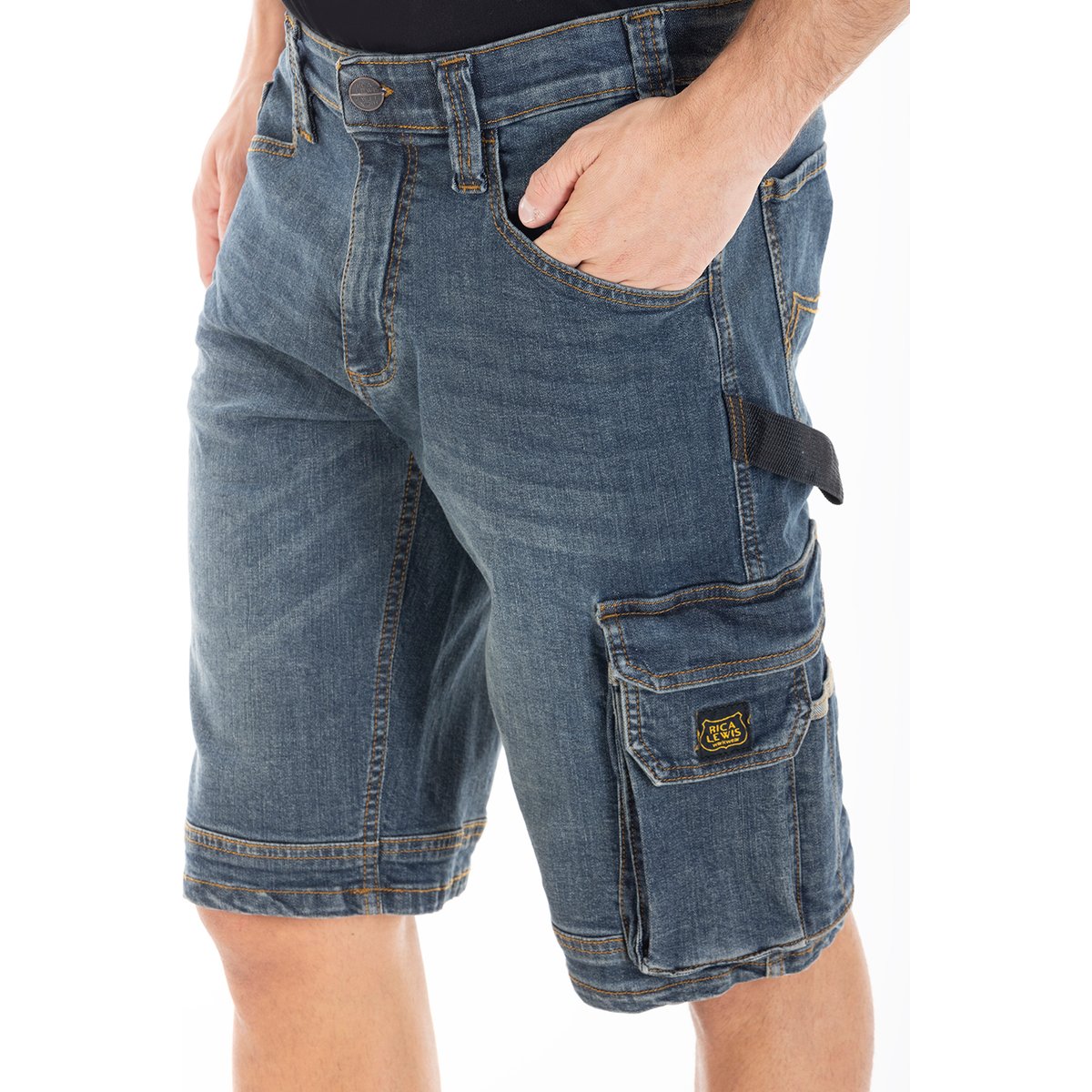 Bermuda de travail multi-poches stretch dirty DENIM bleu, RICA LEWIS