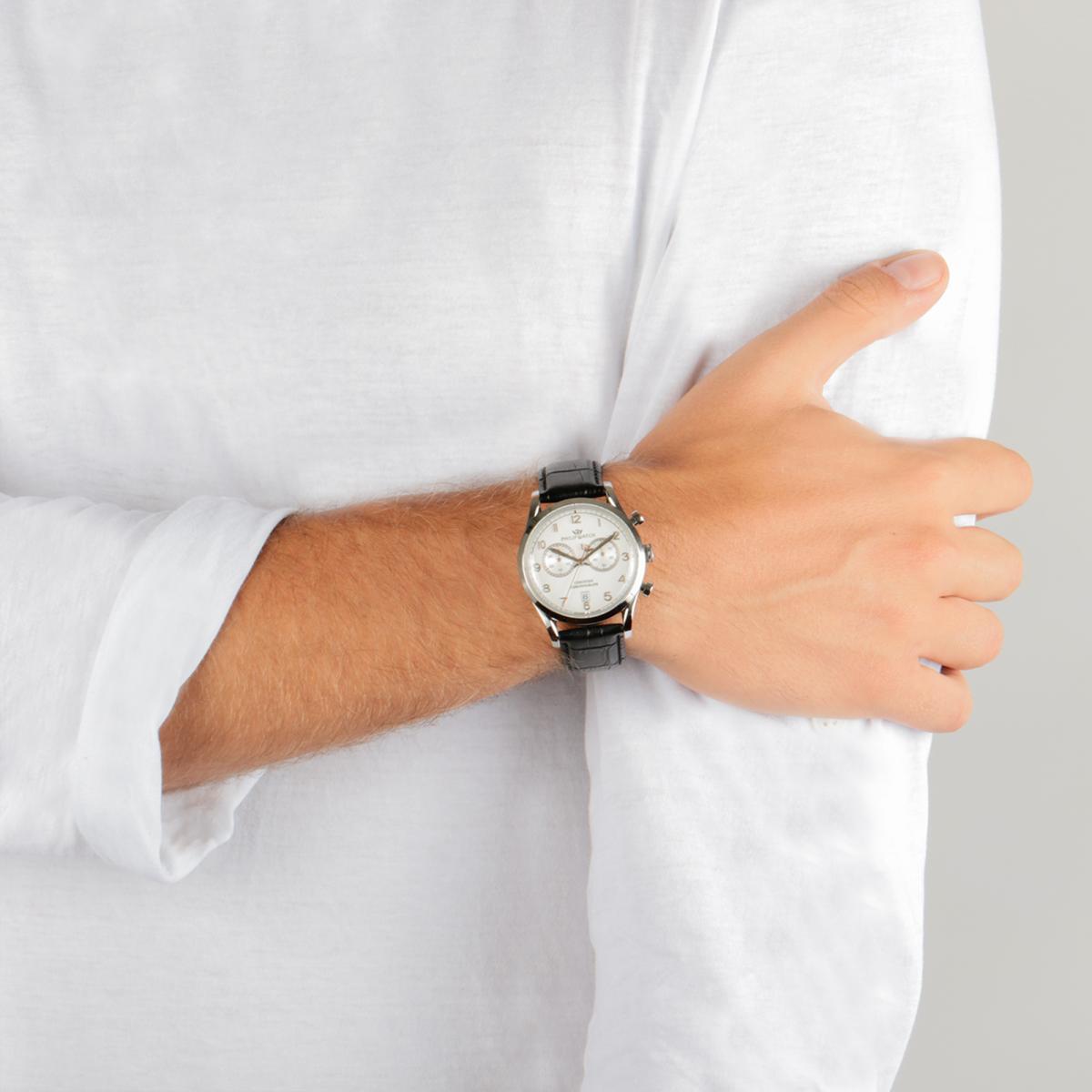 Montre Analogique En Acier Et Cuir Sunray noir, PHILIP WATCH